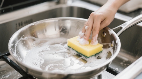 Wash 18/10 stainless steel cookware with mild dish soap and a soft sponge after cooling Wash 18/10 stainless steel cookware with mild dish soap and a soft sponge after cooling