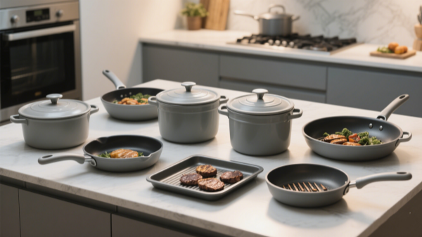 a modern kitchen scene displaying a variety of cast aluminum cookware
