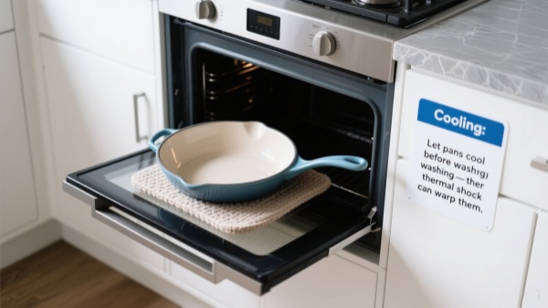 Cooling the oven-safe skillets Let pans cool before washing Cooling the oven-safe skillets Let pans cool before washing