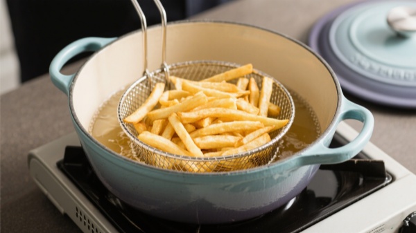 a 6-qt enameled Dutch oven deep frying for a 1 lb batch of fries a 6-qt enameled Dutch oven deep frying for a 1 lb batch of fries