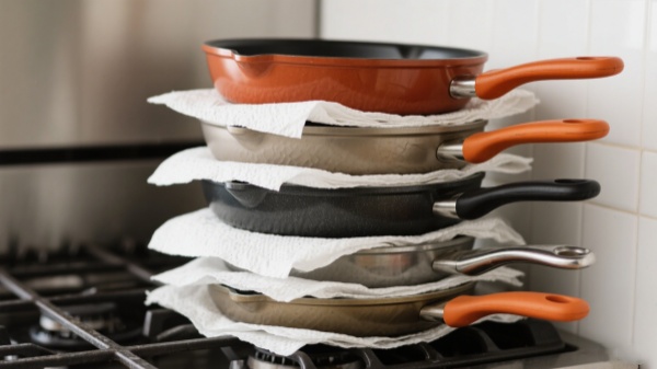 Use pan protectors or paper towels between stacked pans Use pan protectors or paper towels between stacked pans