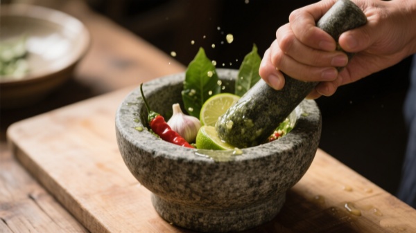Crispy Water Chestnut Salad-In granite mortar Crispy Water Chestnut Salad-In granite mortar