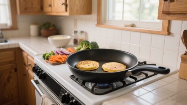 frying pan cooking a couple of pancakes