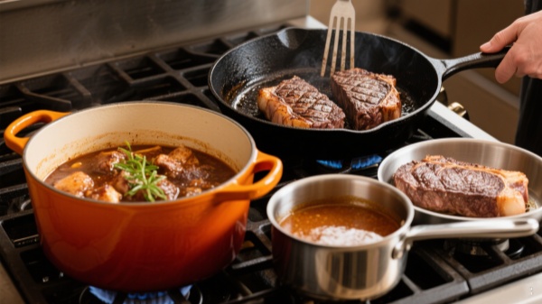 Dutch oven for braising, skillet for searing steaks, saucepan for making sauce Dutch oven for braising, skillet for searing steaks, saucepan for making sauce