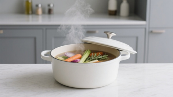 A stock pot simmering with vegetables and herbs for homemade broth