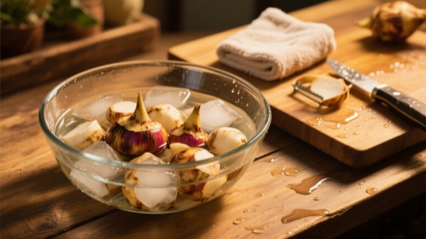Crispy Water Chestnut Salad-Soak fresh water chestnuts 10 mins in ice water Crispy Water Chestnut Salad-Soak fresh water chestnuts 10 mins in ice water