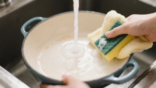 Wash ceramic cookware with a few drops of dish soap and a soft sponge or microfiber cloth Wash ceramic cookware with a few drops of dish soap and a soft sponge or microfiber cloth
