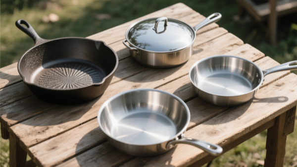 four distinct frying pans arranged on a rustic wooden table