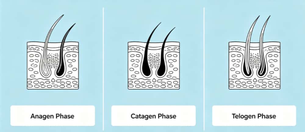 Anagen (growing phase) → Catagen (transition phase) → Telogen (resting phase) → Shedding → Back to Anagen