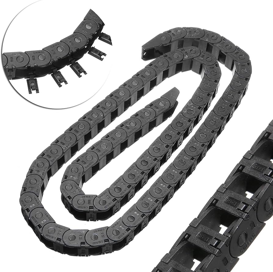 Customizable pivot drag chain allows tailored cable routing for complex machinery setups.