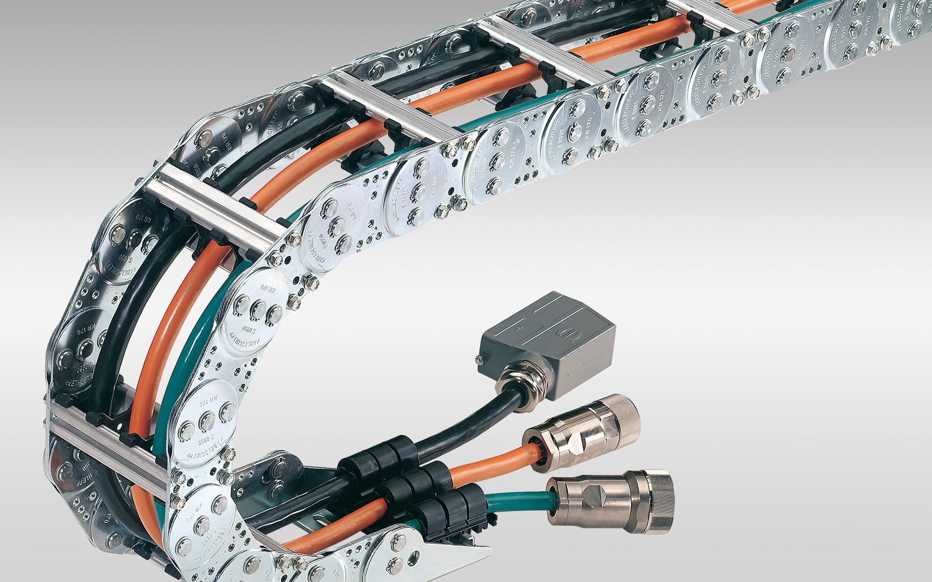 Compact drag chain designed for limited space cable routing.