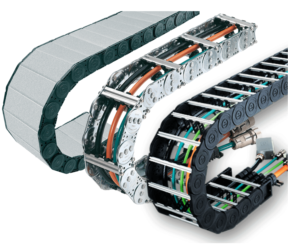 Durable steel cable carrier for gantry ensures reliable cable protection and movement.