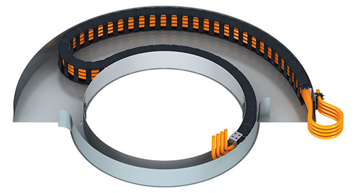360 degree drag chain allows full rotational movement for cables in dynamic applications.