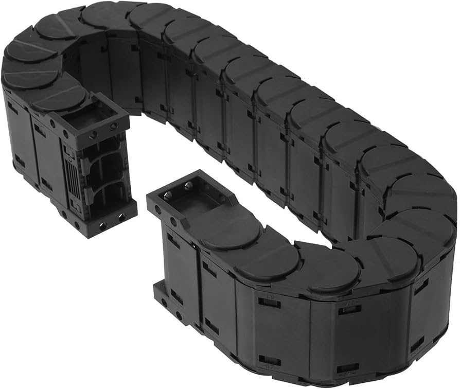 Rugged design for industrial use with a heavy duty cable carrier chain.