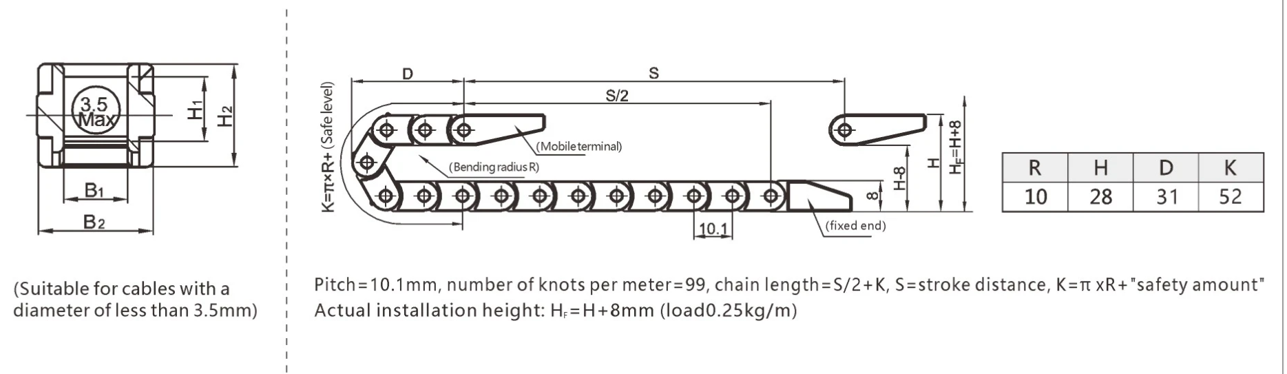 Drag chain dimensions and size chart to help you quickly select the right drag chain model for reliable equipment performance.