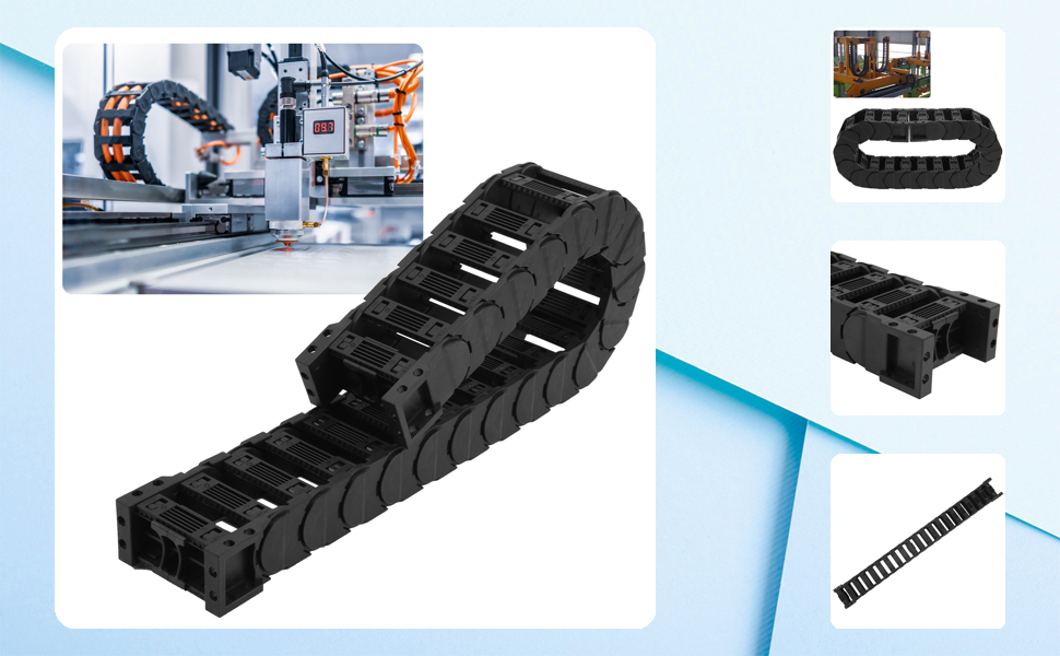 An industrial cable drag chain supplier displaying various drag chain solutions for manufacturing equipment.
