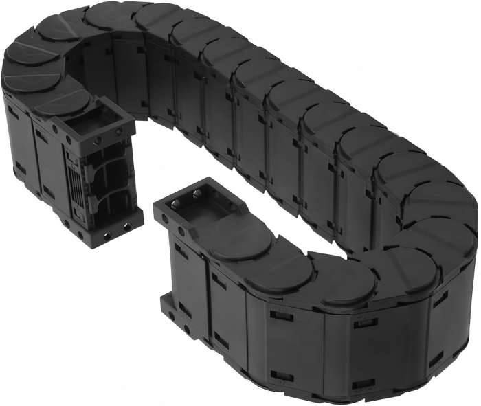 Enclosed micro cable carrier ensures secure and compact cable management.