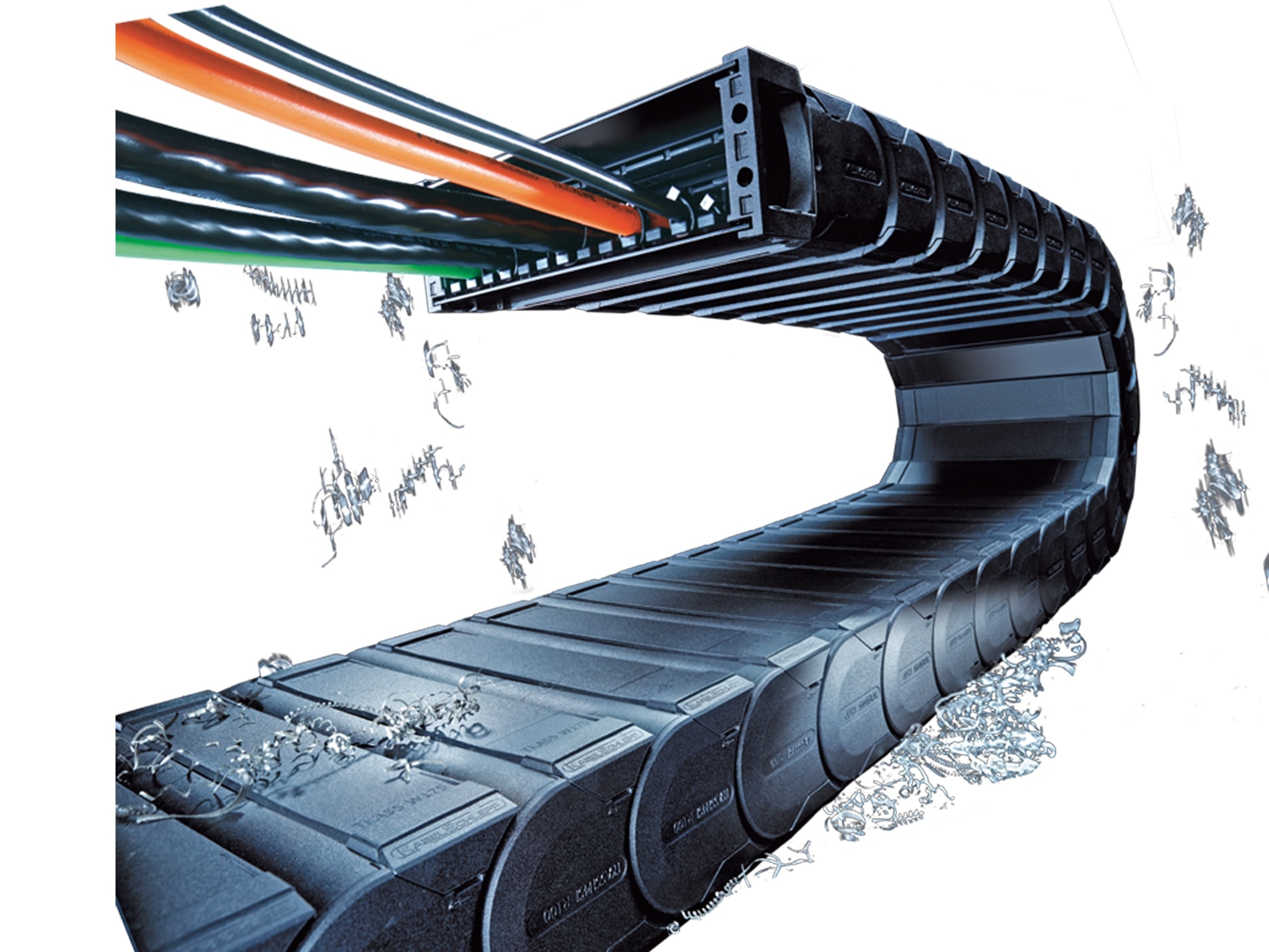 Sealed cable carrier provides complete protection against dust and moisture for industrial cable systems.
