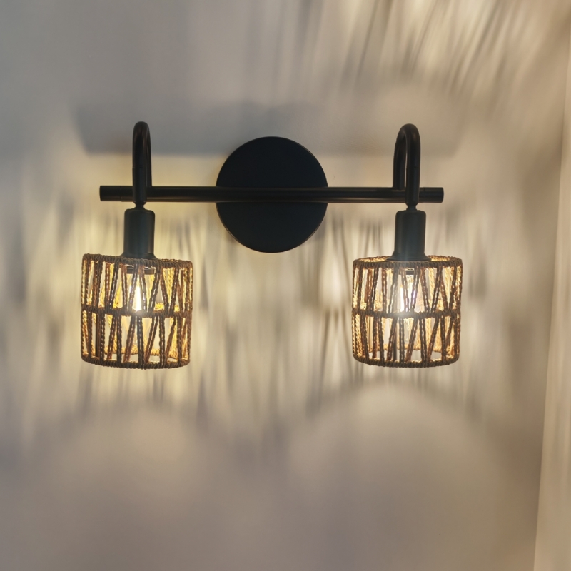 Rattan woven wall lamp, natural boho style sconce for bedroom and living room decor