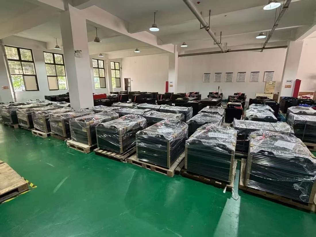 Finished lithium forklift battery packs staged in the finished-goods area