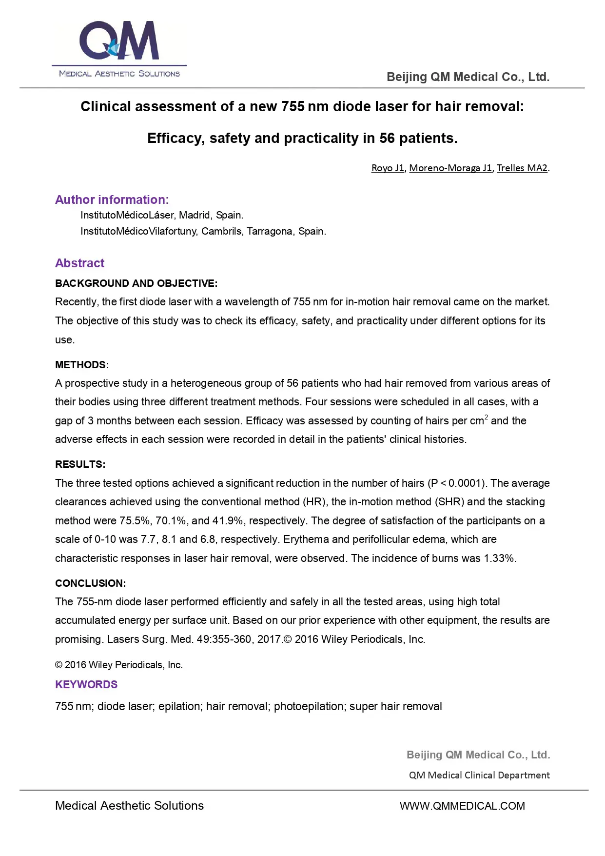 Clinical assessment of a new 755 nm diode laser for hair removal: Efficacy, safety and practicality in 56 patients.