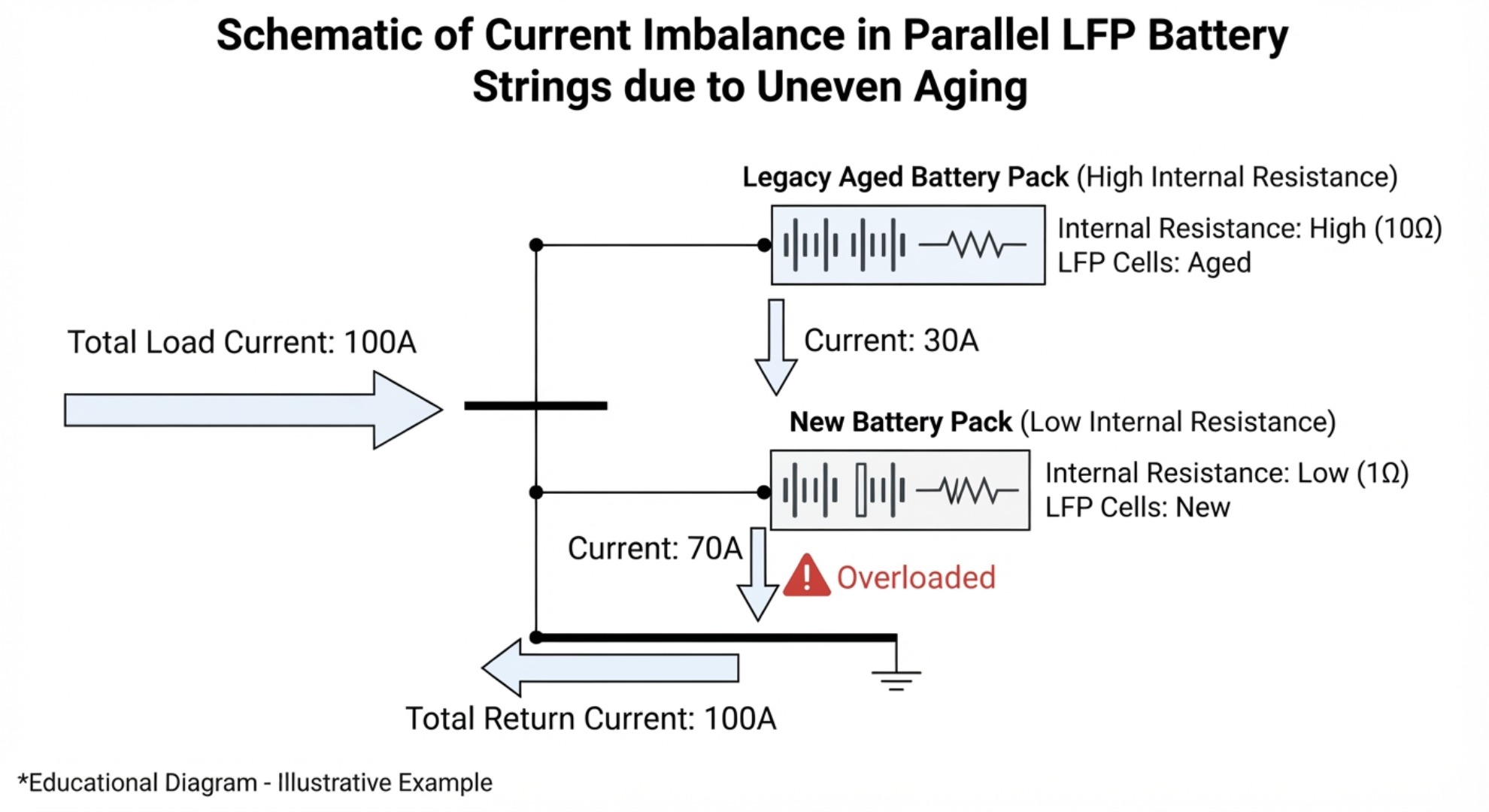 Discharge current distribution diagram showing 100A total load split: aged LFP pack 30A, new overloaded battery pack 70A