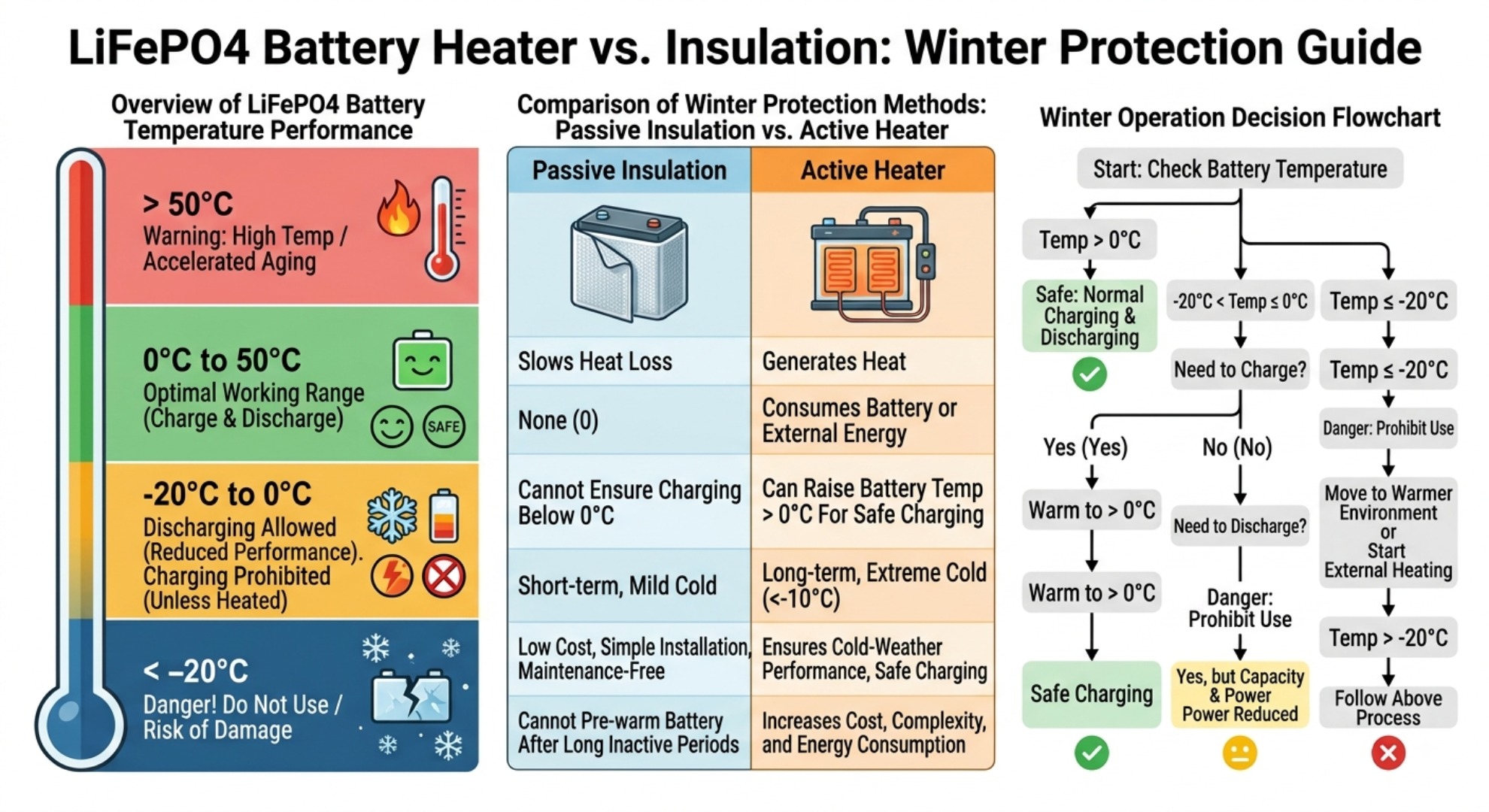 Flat vector 16:9 infographic comparing LiFePO4 passive foam insulation vs active battery heater for cold winter off-grid solar storage, white background