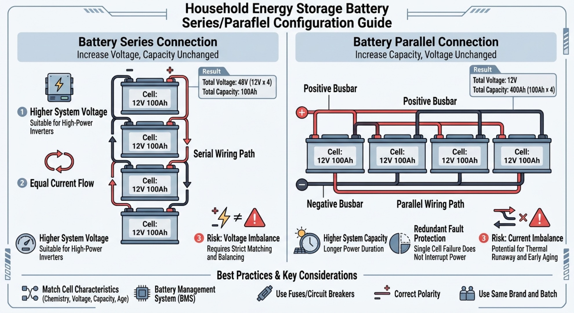 Diagramm zur sicheren parallelen Batterieverkabelung mit direkten Sammelschienenanschlüssen, Abzweigsicherungen und falscher Daisy-Chain-Kreuzung
