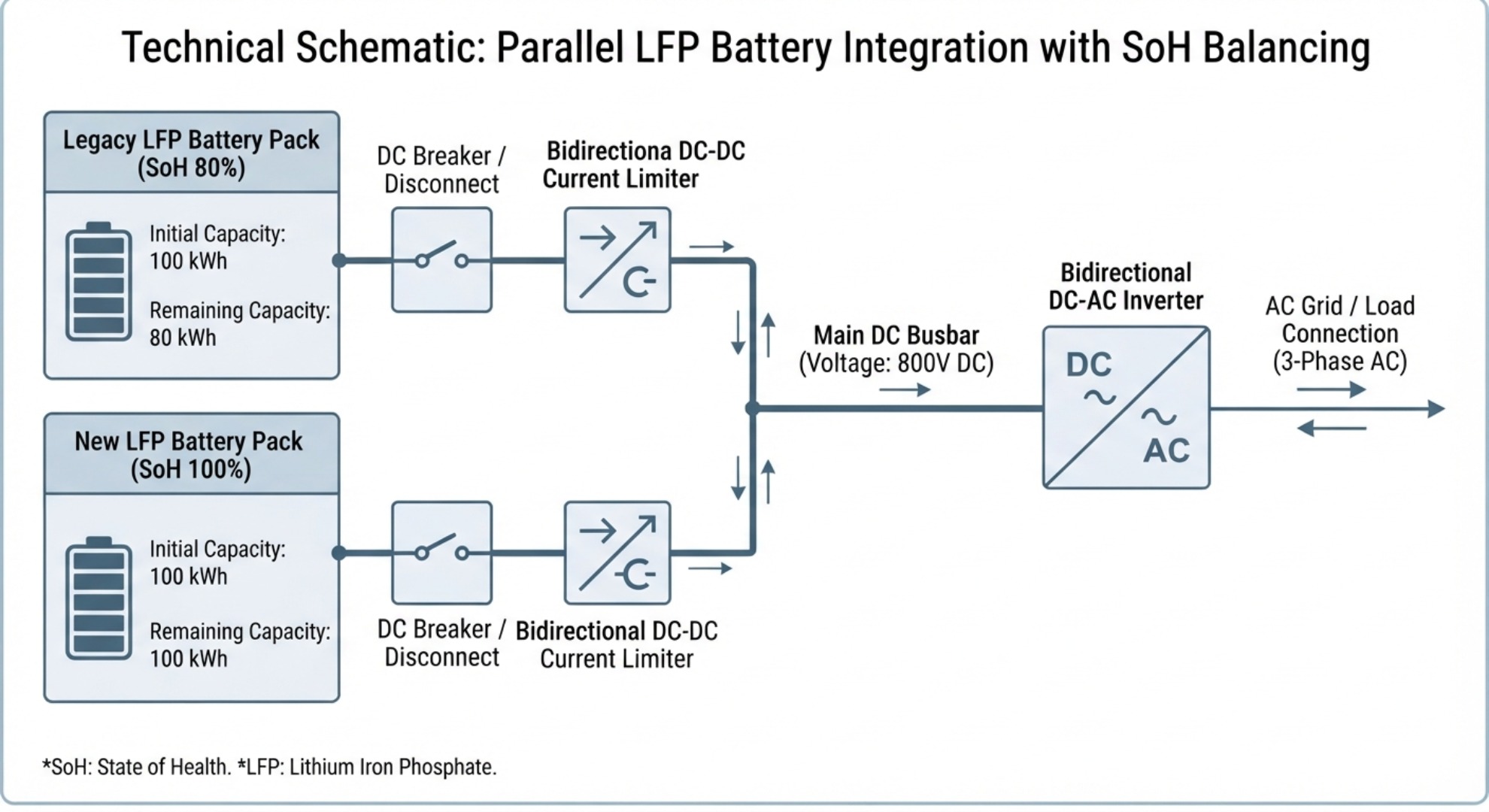 Active parallel isolation circuit schematic for LFP packs, with DC breakers and bidirectional DC‑DC current limiters feeding main DC bus