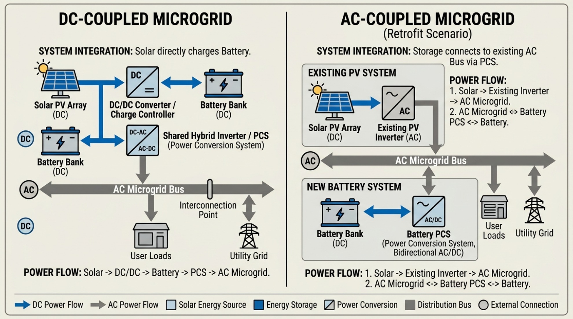 Direkter Vergleich der DC-gekoppelten und AC-gekoppelten Solar-Microgrid-Speichertopologie, Energieflussdiagramm, flacher Vektor