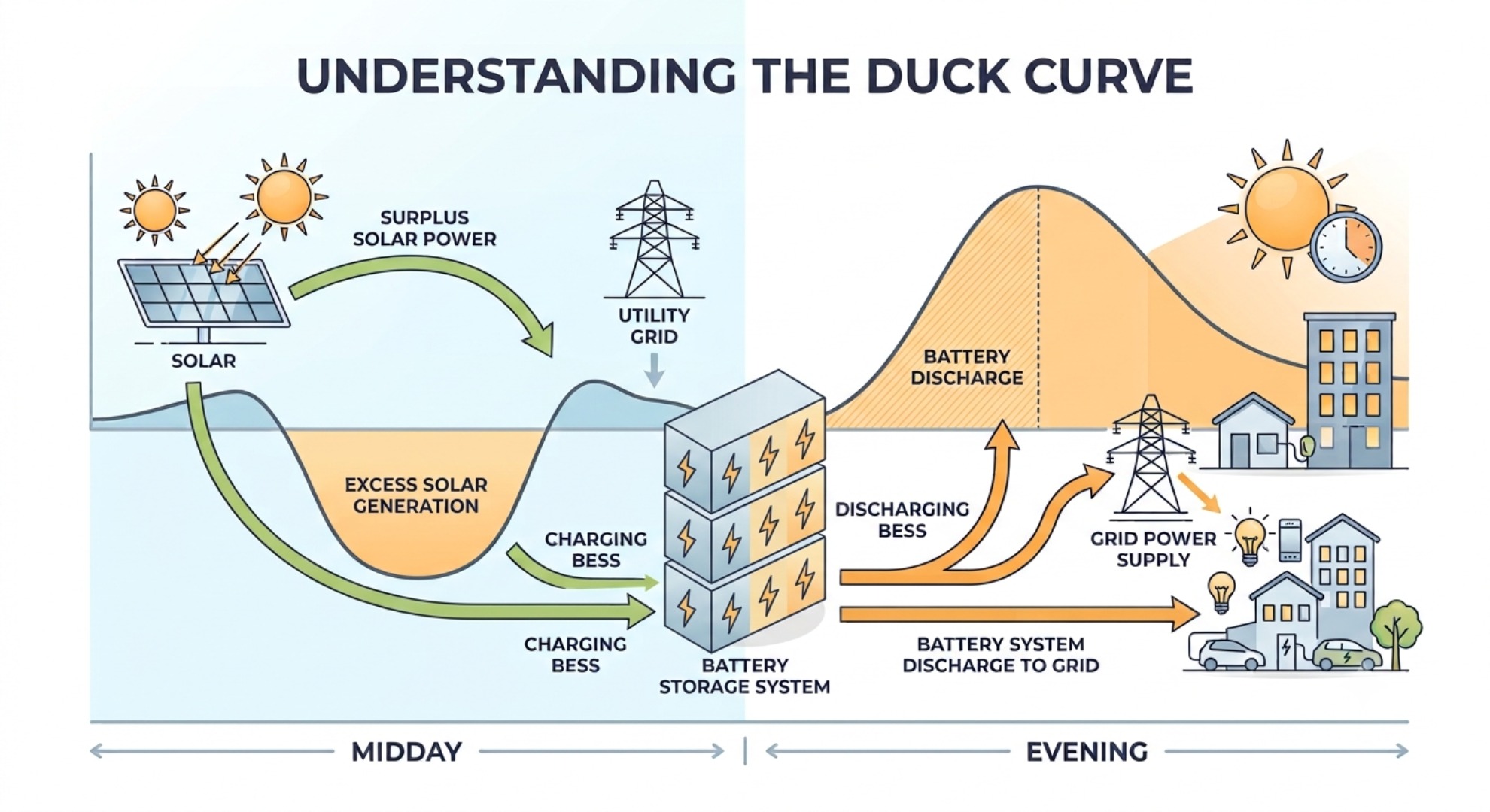 Duck curve infographic showing BESS charging at midday solar surplus and discharging for evening power demand peak