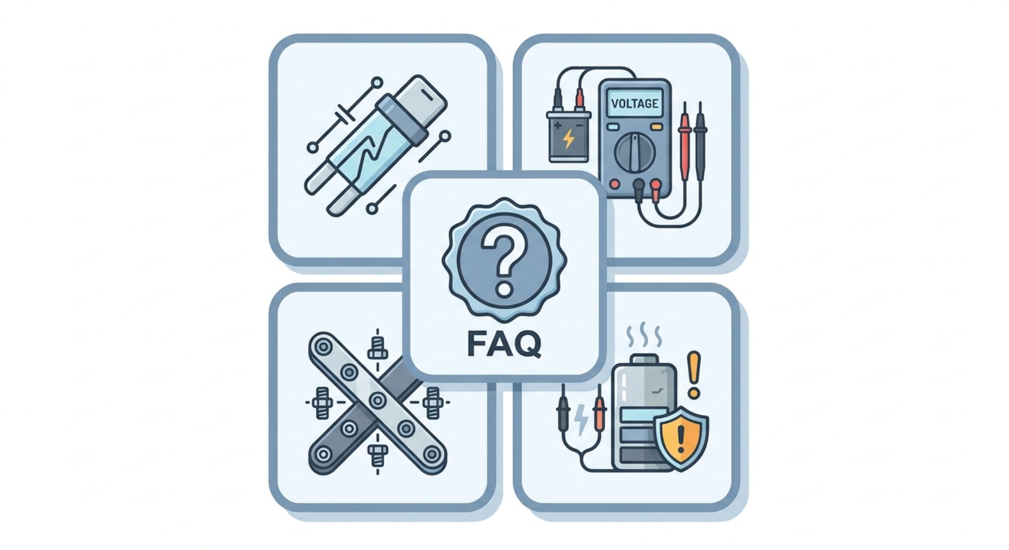 Satz technischer Batteriesymbole einschließlich Sicherung, Multimeter und Sammelschiene zur Dekoration des FAQ-Bereichs