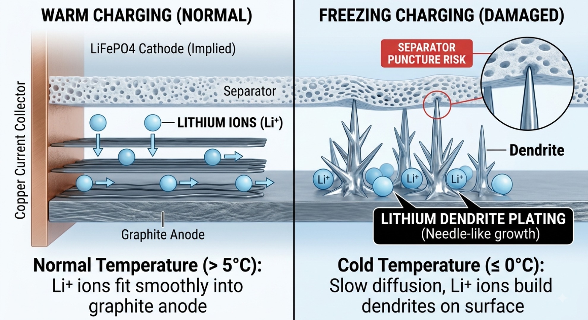 Flat vector diagram of lithium plating damage on LiFePO4 battery anode when charging below 0°C