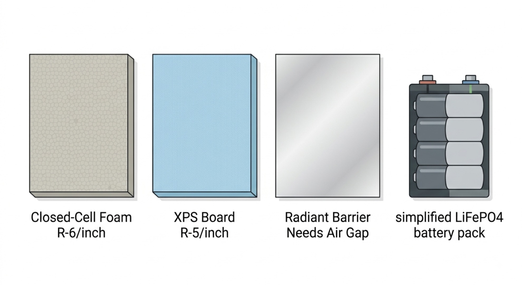 Flat vector comparison of 3 insulation materials for winter LiFePO4 battery protection
