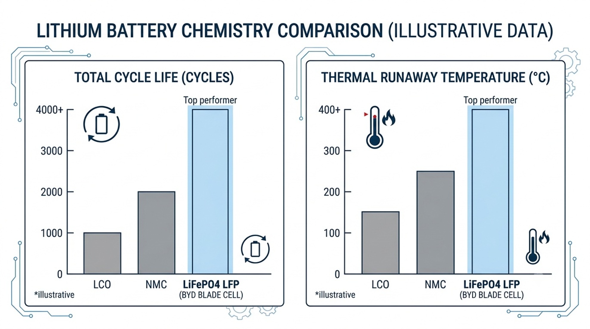 Comparison infographic of cycle life and thermal runaway threshold: LiFePO4 vs NMC vs LFP lithium storage batteries