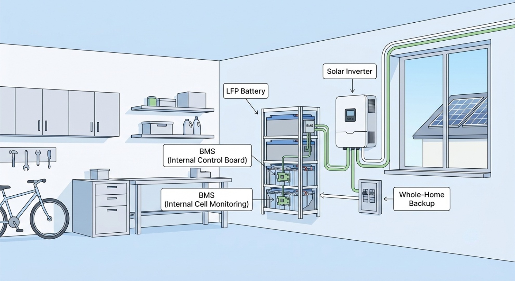 Flat vector illustration of full house solar LiFePO4 LFP battery garage installation layout