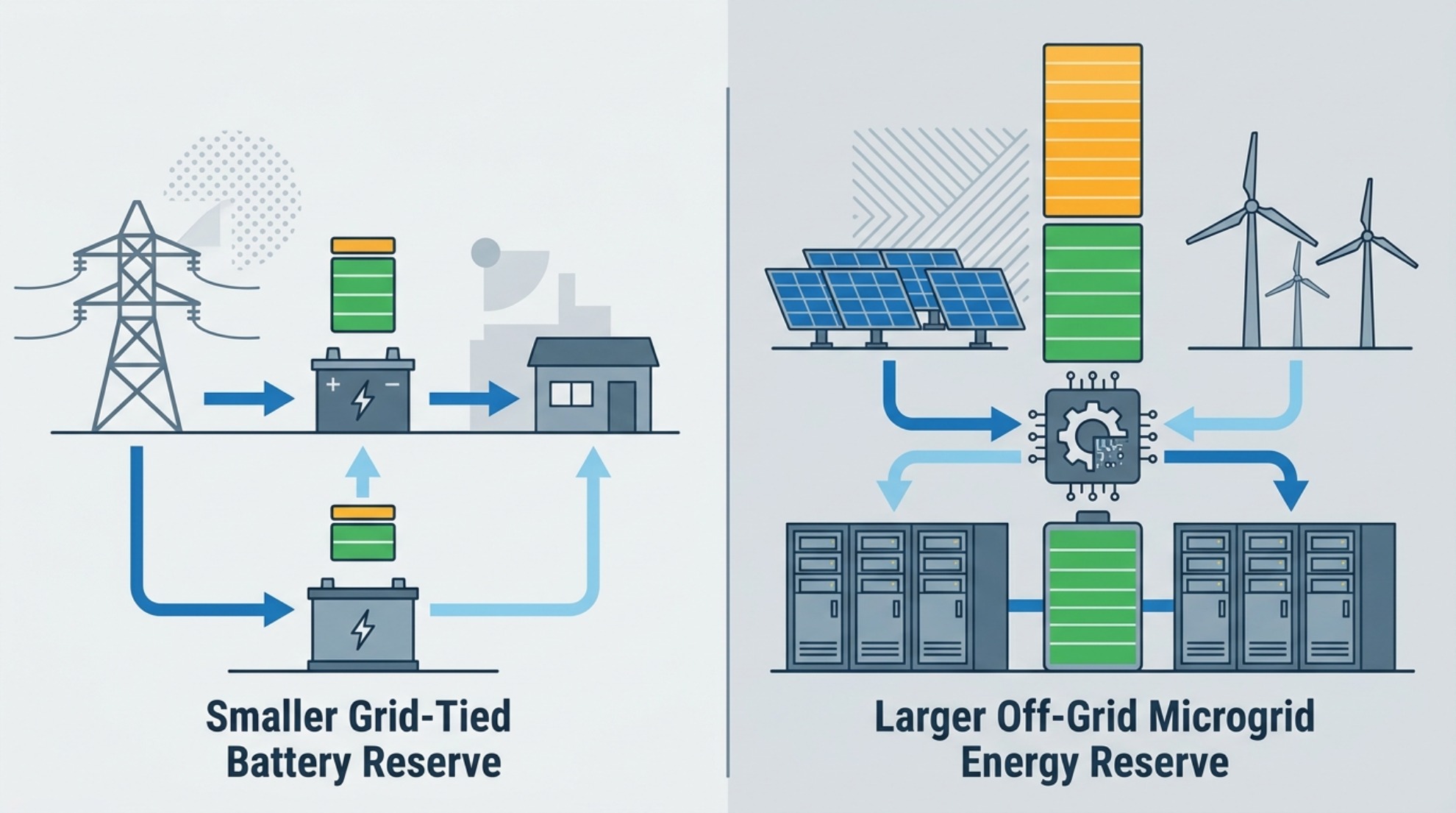 Größenvergleich flacher Vektor des kompakten LFP-Batteriegestells und der sperrigen Blei-Säure-Batteriebank, der den Unterschied in der Energiedichte zeigt