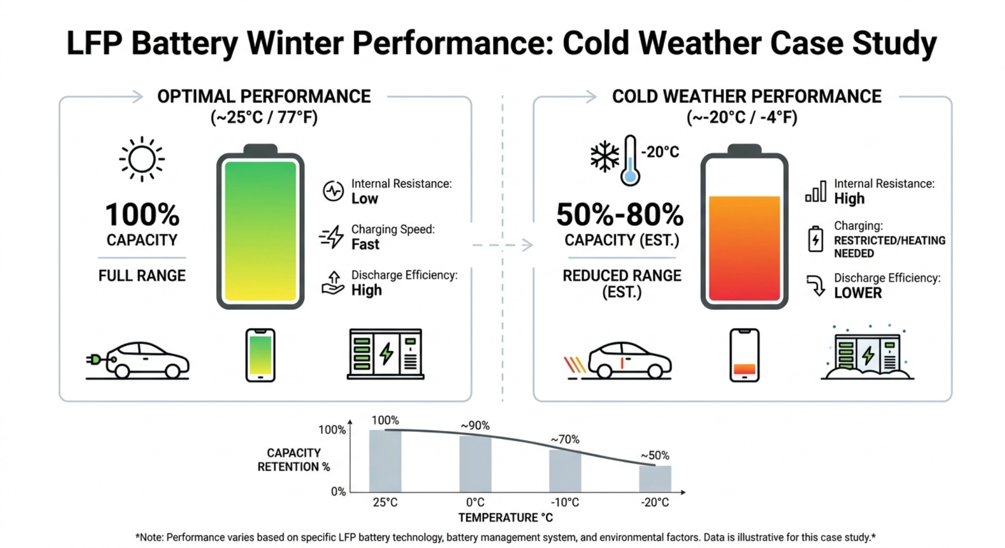 Prismatische LFP-Batteriezellen in kalter Winterumgebung mit Schneeflocken und Minus-Thermometer