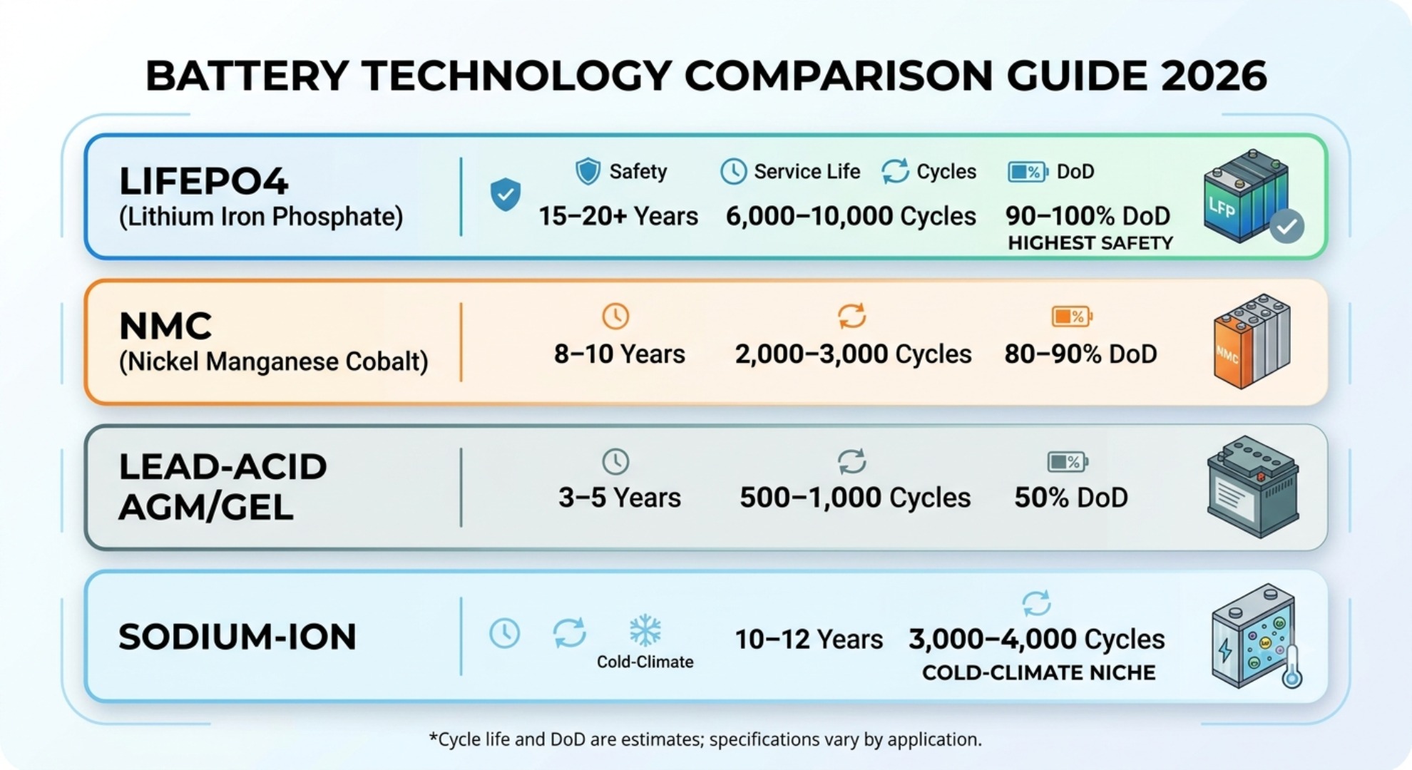 Comparison of four battery types for home solar energy storage including LFP NMC lead-acid and sodium-ion