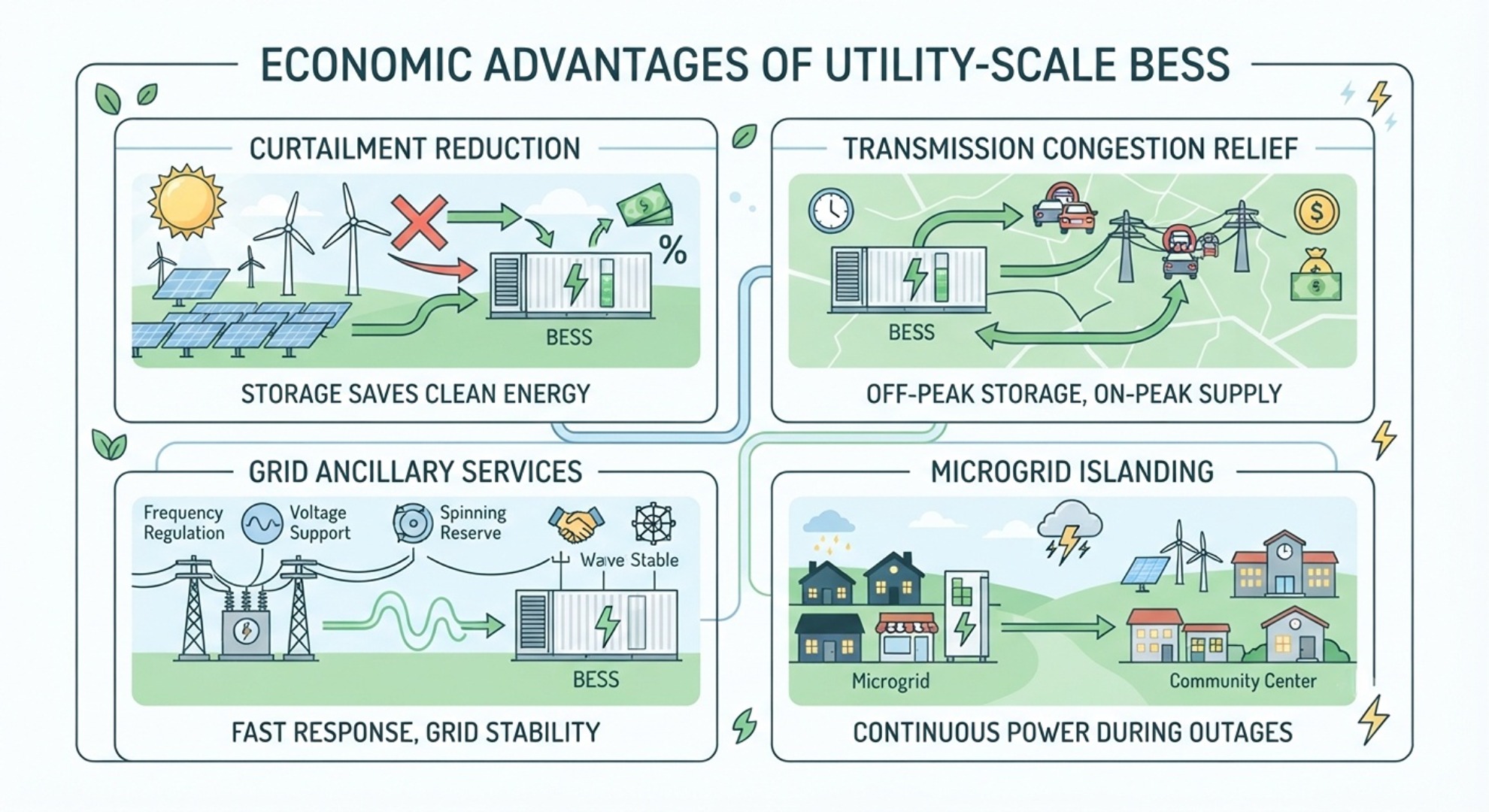 Infographic of utility-scale battery storage economic benefits: curtailment relief, grid ancillary services and microgrid support