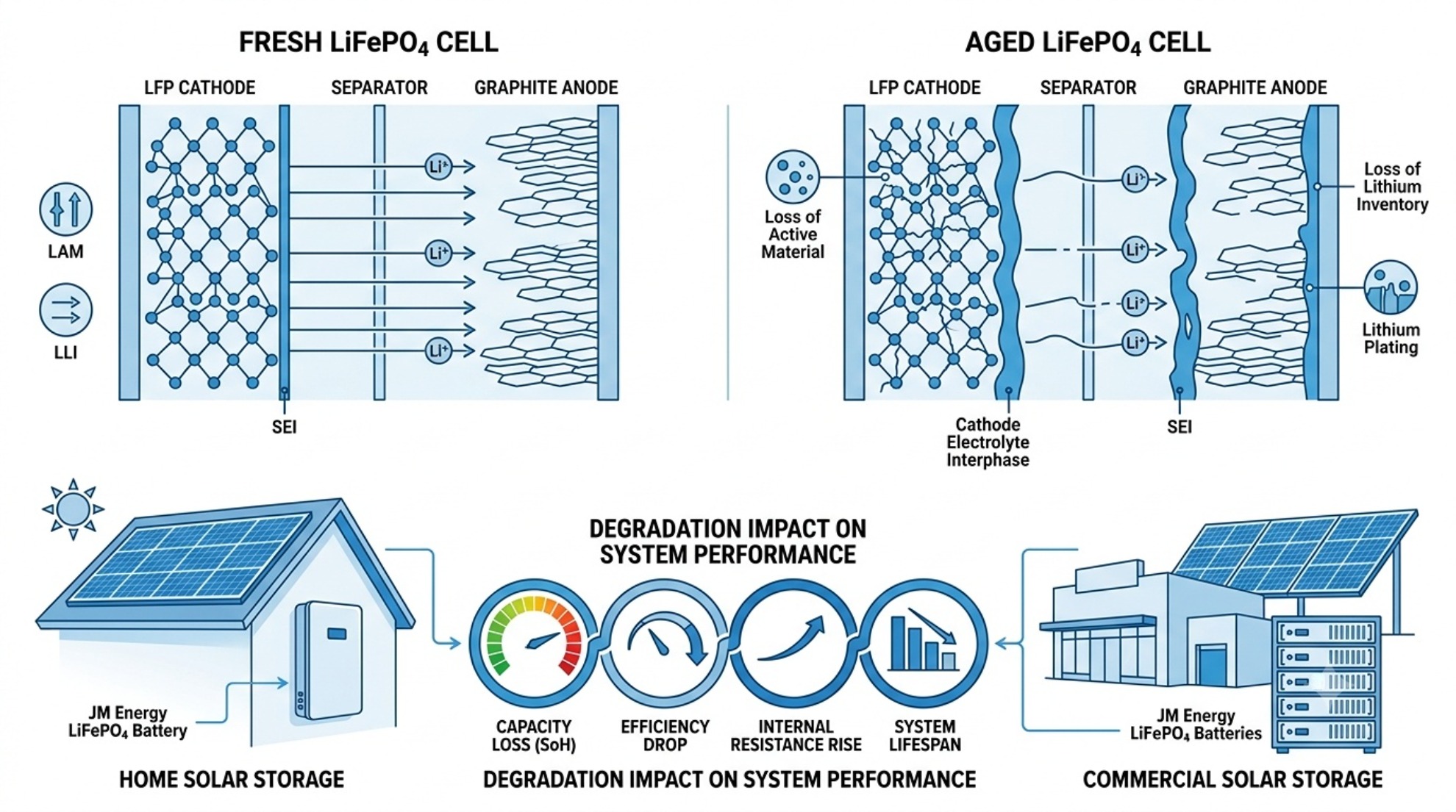 Microscopic technical schematic of LFP battery aging, displaying SEI layer thickening and cathode particle micro strain for energy storage articles