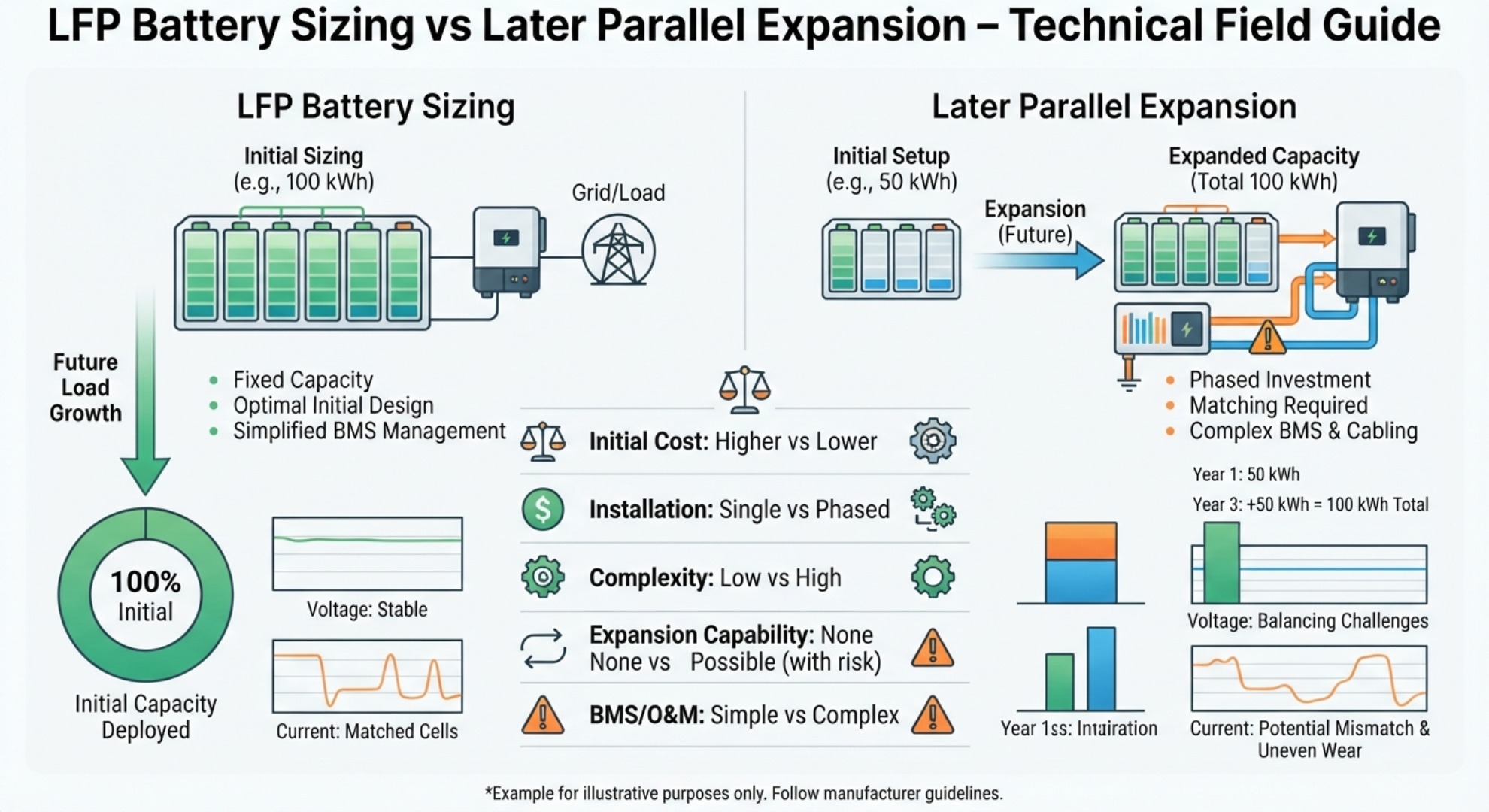 Parallel LFP battery system architecture diagram with aged battery modules and new expansion pack, master BMS, DC bus, inverter and load