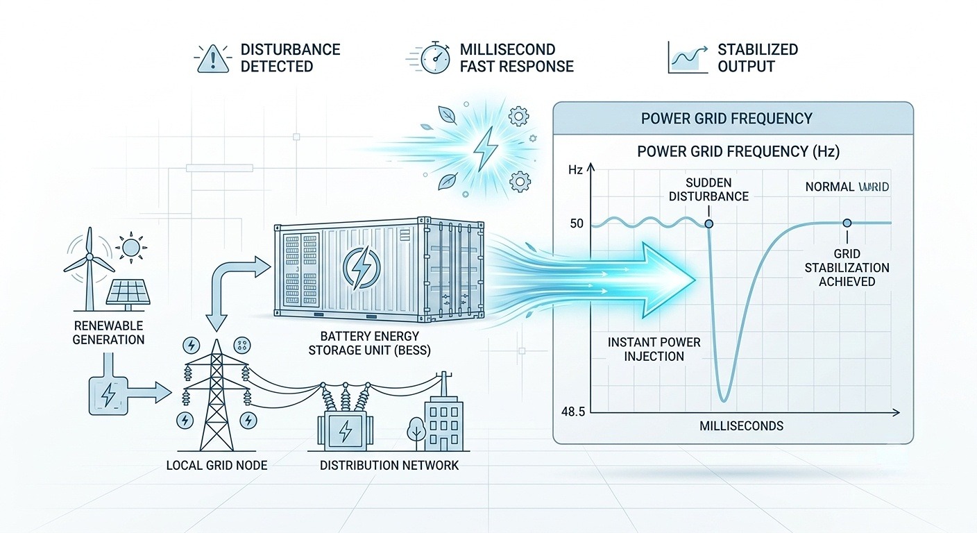 BESS frequency regulation graphic, battery storage instantly inject power to stabilize fluctuating grid frequency