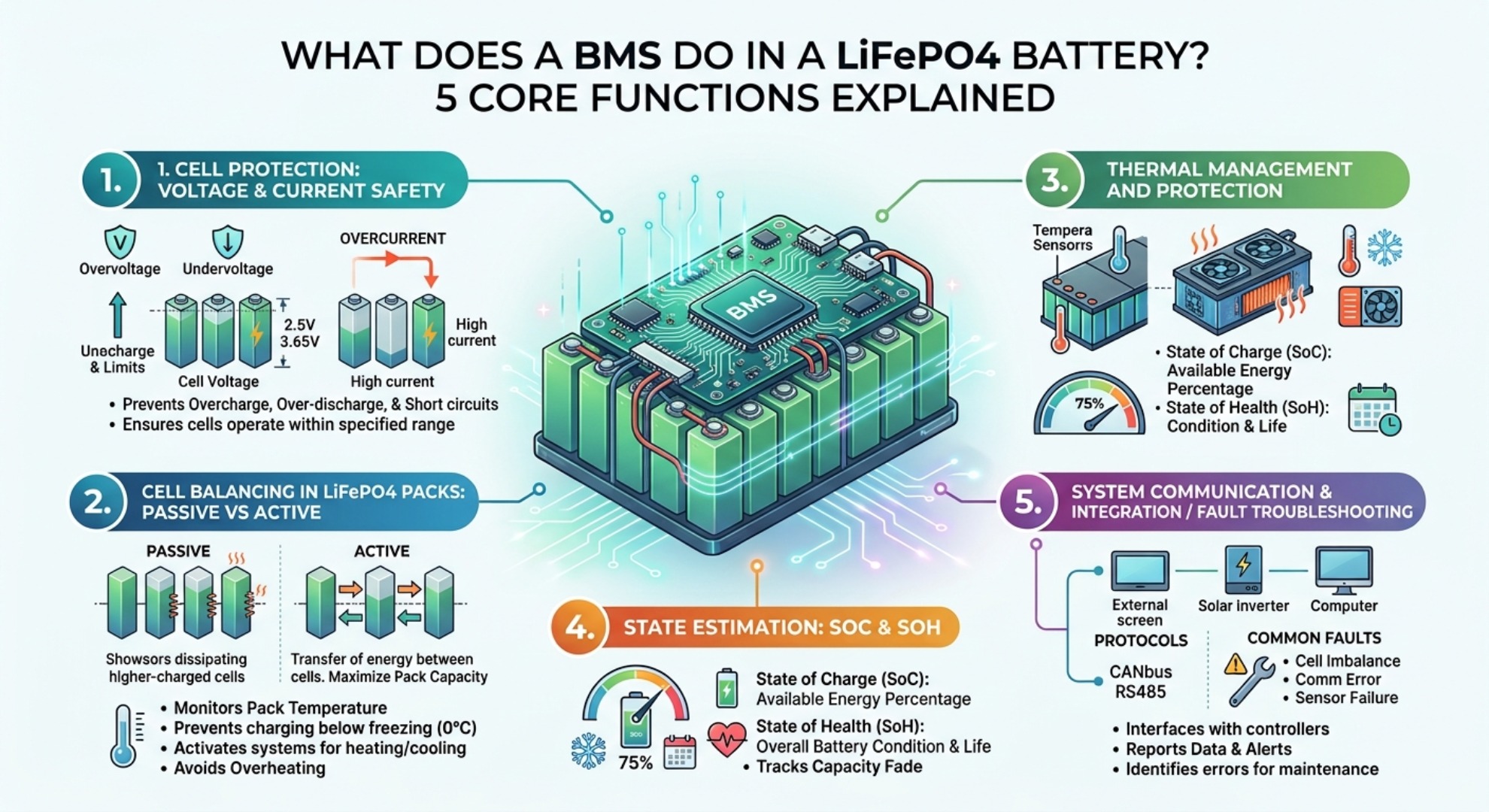 Функции BMS аккумулятора LiFePO4, включая защиту элементов, балансировку, управление температурным режимом, отслеживание SOC и SOH.