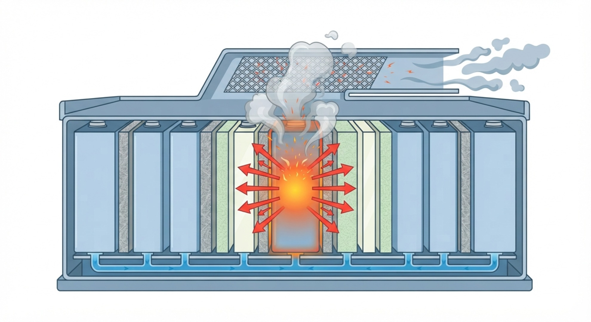 Flache Vektordarstellung eines BMS-Systems mit Sensoren zur frühzeitigen Erkennung thermischer Fehler in Spannung, Temperatur und Druck