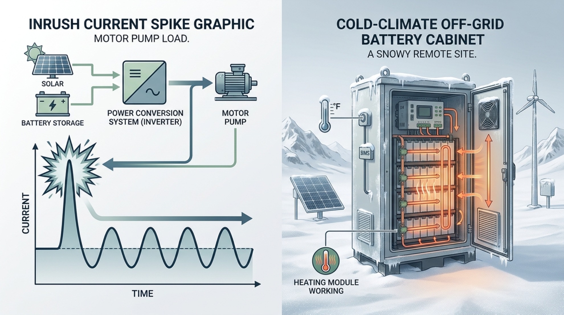 Herausforderungen für netzunabhängige Mikronetze: Spitzenwellenform des Motoreinschaltstroms und Batterieschrank für kaltes Klima mit Heizmodul, flache Vektorgrafik