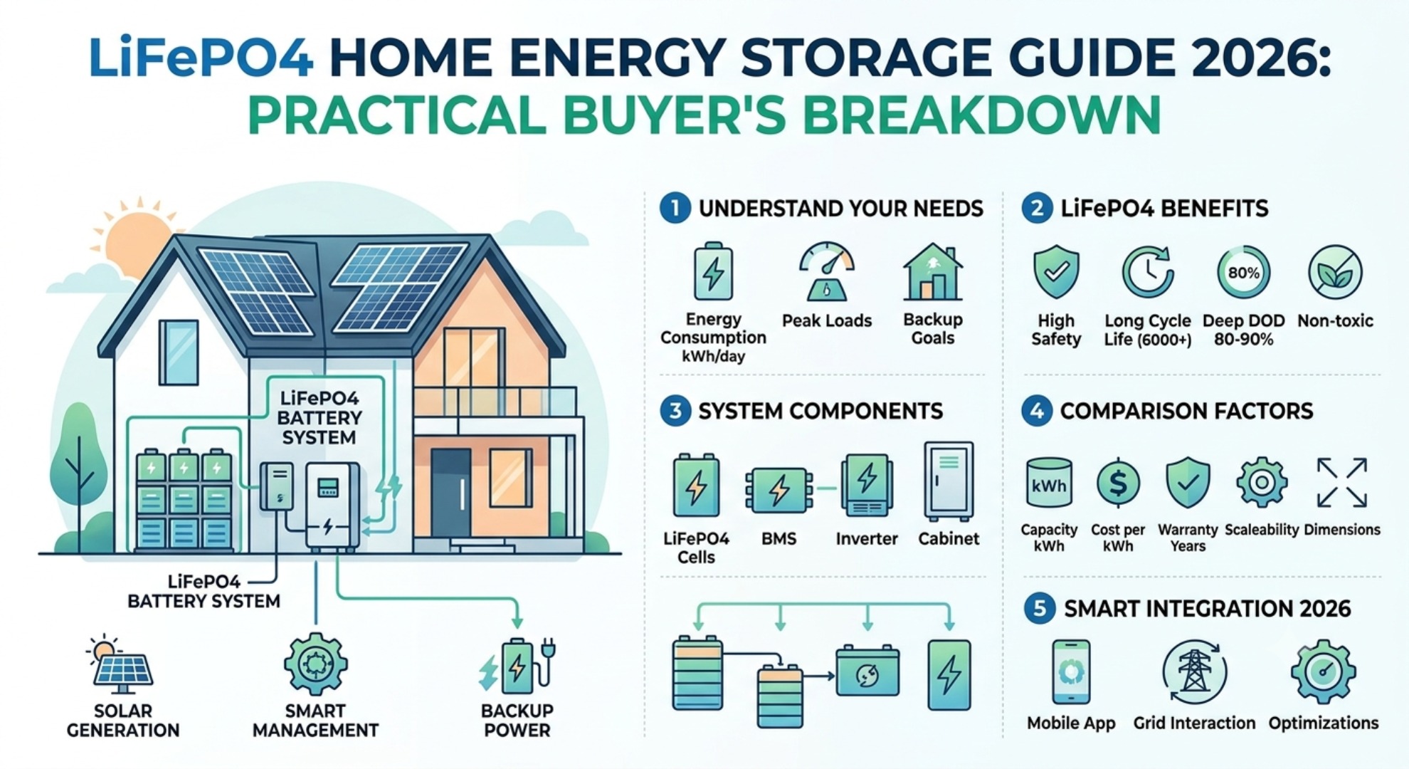 LiFePO4 home energy storage battery system for residential solar power backup