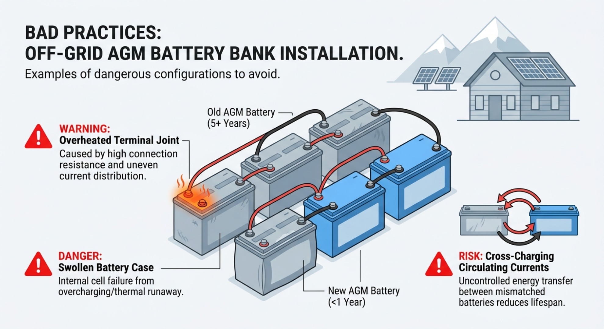 Infografik zu schlechten Praktiken parallel verketteter AGM-Batterien mit aufgeblähten Zellen und Überhitzungswarnsymbolen