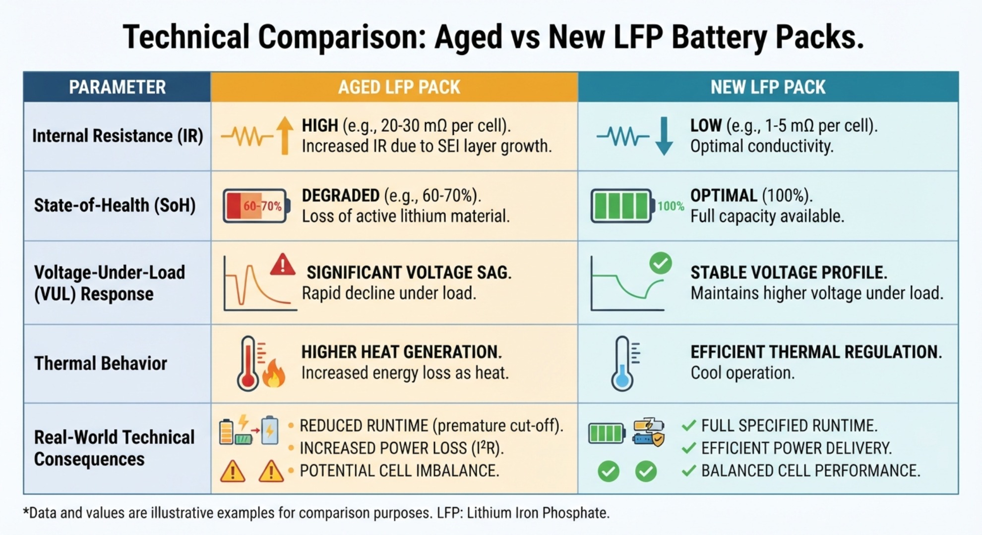 LFP battery aging mismatch infographic comparing internal resistance, SoH and voltage response between legacy and new battery packs
