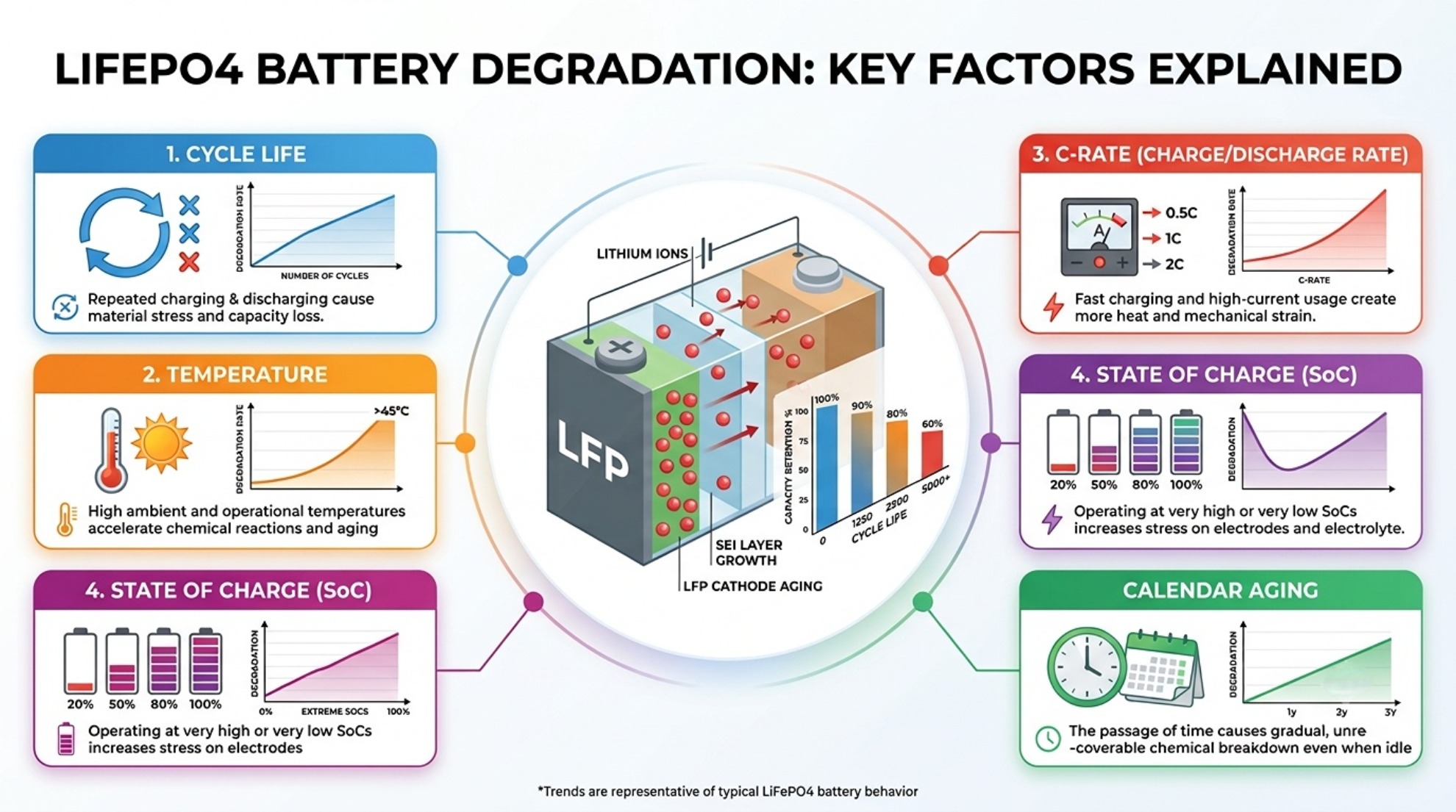Cross-section cutaway of JM Energy prismatic LiFePO4 cell, showing SEI film growth and cathode lattice micro cracks, home and commercial solar storage technical banner